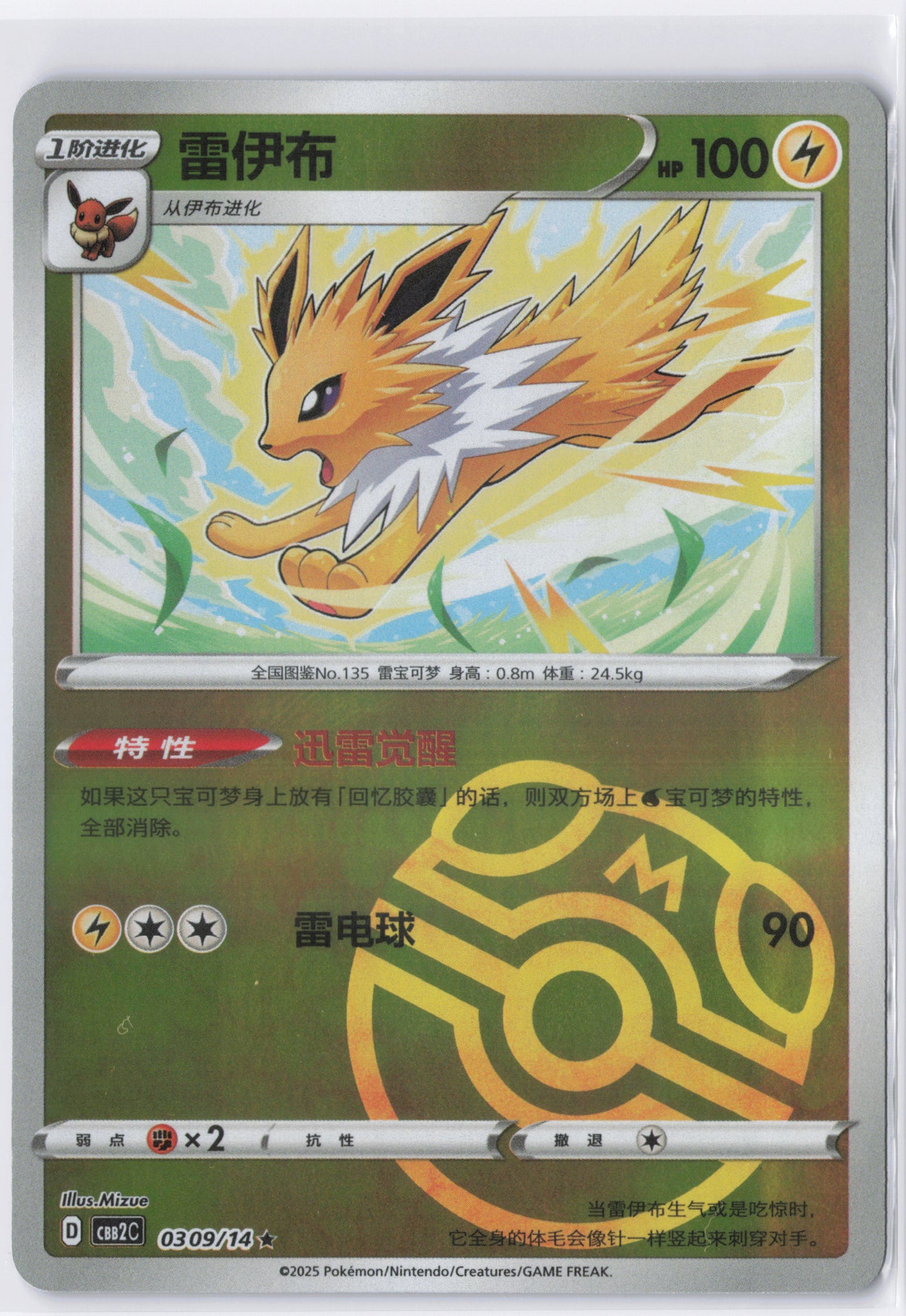 Jolteon CBB2C 0309 Simplified Chinese Master ball Pokemon Gem Pack 2